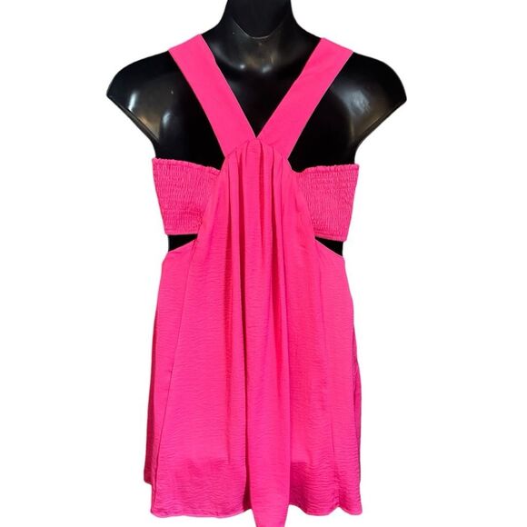 Hot Pink Mini Dress Pocket Washed Satin Cutout Skirt Bandeau | Davi & Dani - Picture 14 of 16